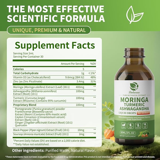 12-in-1 Lipsomal Moringa Leaf Drops with Ashwagandha Turmeric Quercetin, 98% Absorption & 30:1 Pure Moringa Extract for Energy Immune Joint Digestive Support, Vegan Non-GMO Gluten-Free