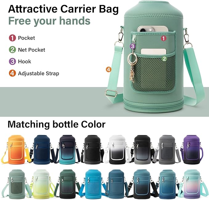 1 Gallon Water Bottle Insulated | Thickened Stainless Steel Vacuum Metal Water Jug | Portable Sports Large for Gym and Hiking with Straw, Carrier Bag, Handle Strap | BPA-Free 128 oz