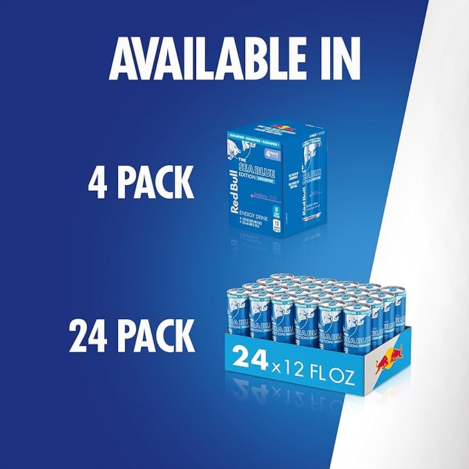 Red Bull Sea Blue Edition Sugar Free Energy Drink, Juneberry,12 fl. oz., Pack of 4 cans, with 114mg Caffeine, Taurine & B Vitamins