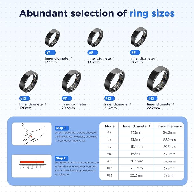 Smart Ring with Sleep Monitoring, No APP Subscription, 10-Day Battery Life, Stress/Heart Rate/Women's Health Tracker, Android & iOS Compatible (Black, 7)