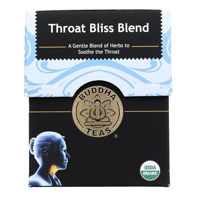 Buddha Teas - Organic Throat Bliss Blend - Herbal Tea - For Health & Wellbeing - With Antioxidants & Minerals - Clean Ingredients - Caffeine Free - OU Kosher & Non-GMO - 18 Tea Bags (Pack of 1)