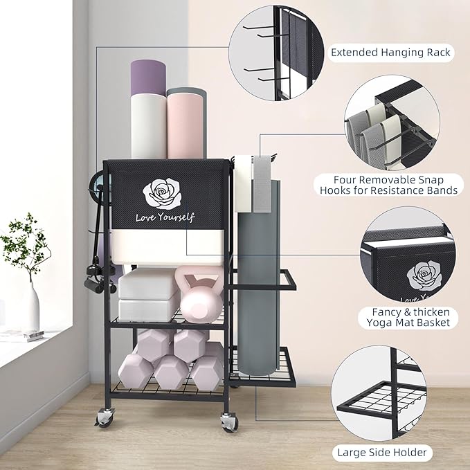 Yoga Mat Storage Rack,Home Gym Storage Rack Gym Workout Equipment Storage Organizer Fitness Weight Rack on Wheels for Yoga Mat,Yoga Block,Foam Roller,Resistance Band,Dumbbell,Kettlebell and Other Workout Accessories