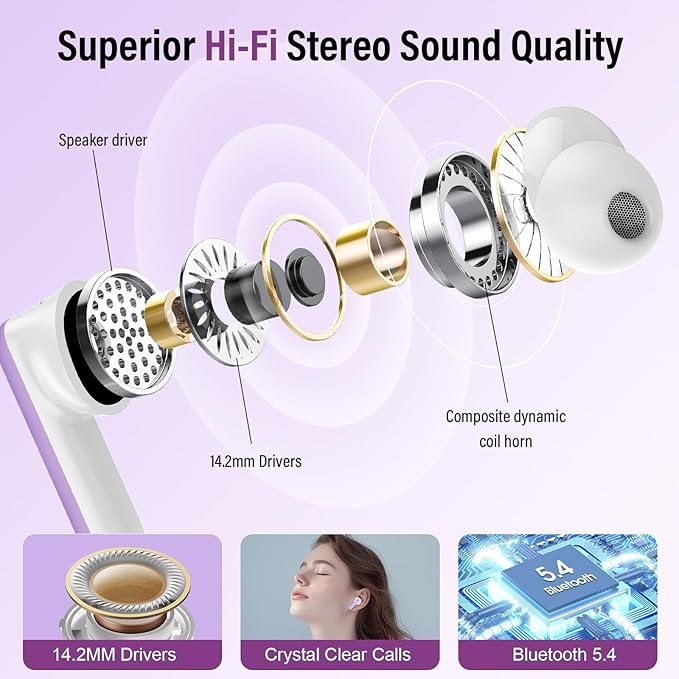 Wireless Earbuds, Bluetooth 5.4 Headphones with Multifunctional Touch Screen, 48H Bass Stereo Ear Buds with ANC/ENC Noise Cancelling/Transparency Mode, IPX7 Earphones with 5 EQ Modes, Purple