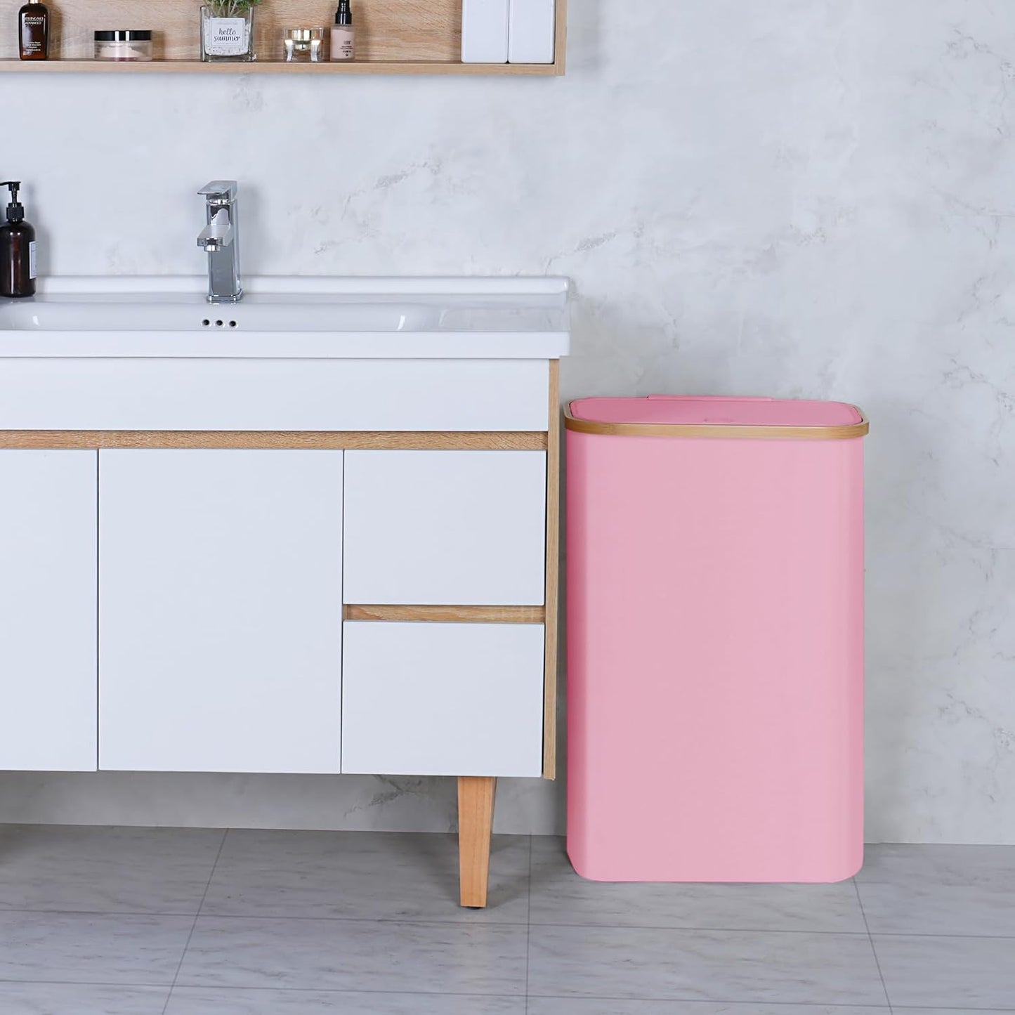 Slim Laundry Basket,60L Laundry Hamper with Lid, Tall Hamper for Laundry,Dirty Cloth Hamper with Bamboo Handle for Toys,Towels, Clothes Organizing,Pink