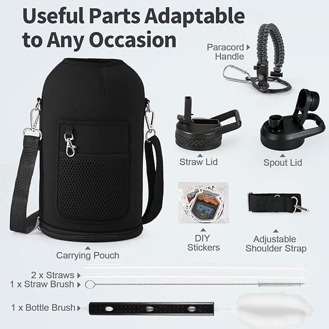 One Gallon Water Bottle Insulated, Triple Wall Vacuum Cold for 48 Hrs & Leak-proof & Non-BPA, 128oz Large Sports Stainless Steel Water Jug with Paracord Handle Straw Spout Lids & DIY Stickers