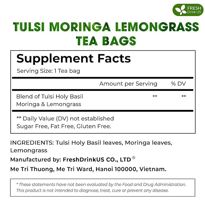 FreshDrinkUS, Premium 135 Tea Bags Tulsi Moringa Lemongrass, 100% Natural & Pure from Tulsi Holy Basil Leaves, Moringa & Lemongrass. Made with Natural Material Tea Bags. No Sugar, No Caffeine, Vegan.