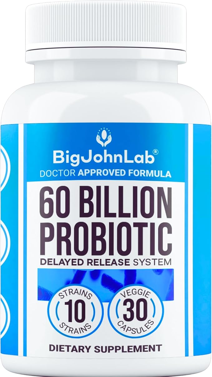 BIGJOHNLAB® Probiotics 60 Billion CFU – 10 Strains + Organic Prebiotics – Immune, Digestive & Gut Health – Supports Occasional Constipation, Diarrhea, Gas & Bloating – for Women & Men – 30ct