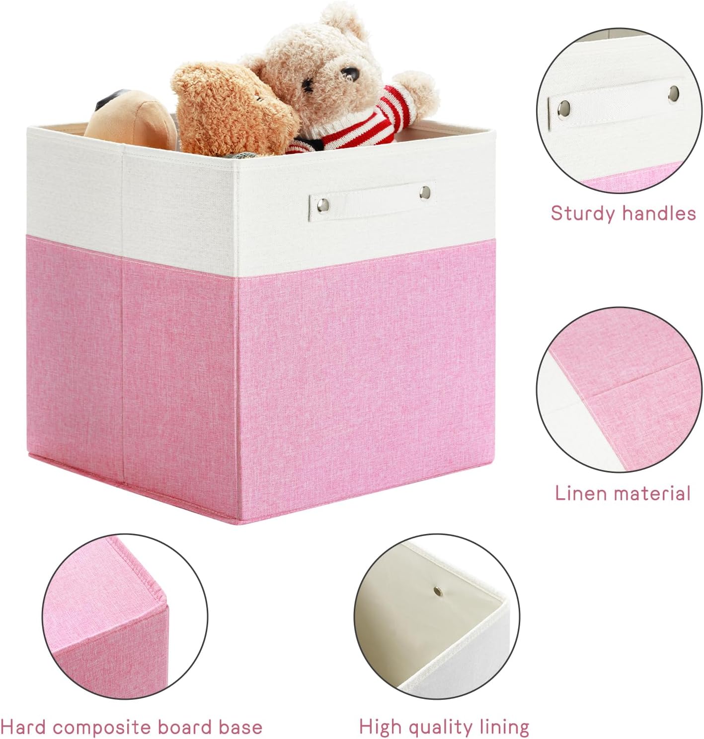 13 x 13 Inch Fine Linen Storage Bins with Handles,Fabric Cube Boxs,Collapsible Basket Organizers for Shelves for Home, Closet Drawers (White/Pink-4 Pack)