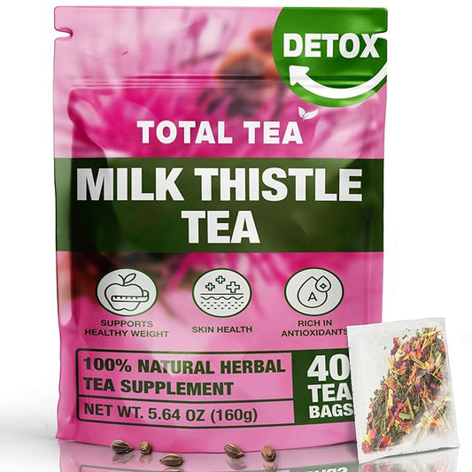 Total Tea 100% Natural Milk Thistle Seeds Tea for Liver Cleanse, Detox, Digestive Health and Immune System Support - 40 Count