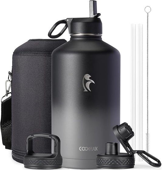 Coolflask 128 oz Gallon Water Bottle Insulated with Straw&3 Lids, Water Jug Large Stainless Steel Metal Vacuum Wide Mouth for Sports, Gym or Office, Non-BPA Keep Cold 48H Hot 24H, Piano Night
