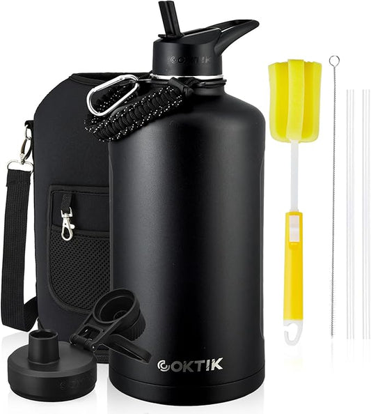 COKTIK 128 oz Insulated Water Bottle, Triple Wall Stainless Steel Flask, Keeps Drinks Cold for 48 Hrs Leak-Proof & BPA-Free Half Gallon Jug with Paracord Handle, Straw & Spout Lids(Black)