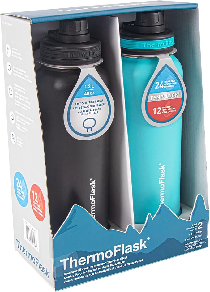 Thermoflask Double Wall Vacuum Insulated Stainless Steel Water Bottle (Onyx Black/Splash)