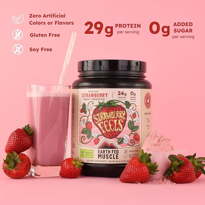 Earth Fed Muscle Strawberry Feels (Forever) – Irish Truly Grass‑Fed Whey Protein Isolate, No Sugar, Soy‑Free, Gluten‑Free (2 lb, 29 Servings, Strawberry)