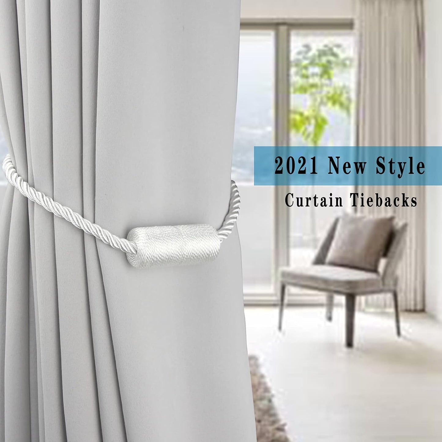 6 Pack White Strong Magnetic Curtain Tiebacks Outdoor Elegant Decorative Tie Backs Modern Rope Tiebacks for Drapes Window Curtain Holdbacks for Draperies