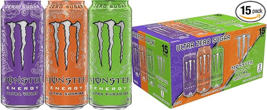 Monster Energy Ultra Variety Pack, Ultra Violet, Ultra Sunrise, Ultra Paradise, Sugar Free Energy Drink, 16 Ounce (Pack of 15)