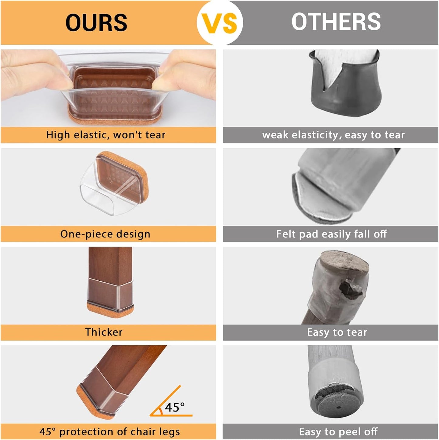 16 Pcs Rectangle Chair Leg Floor Protectors, Silicone Chair Leg Protectors for Hardwood Floors, High Elastic Chair Leg Cover for Chair Table Desk, Protect Wooden Floors from Scratching, Won't Tear