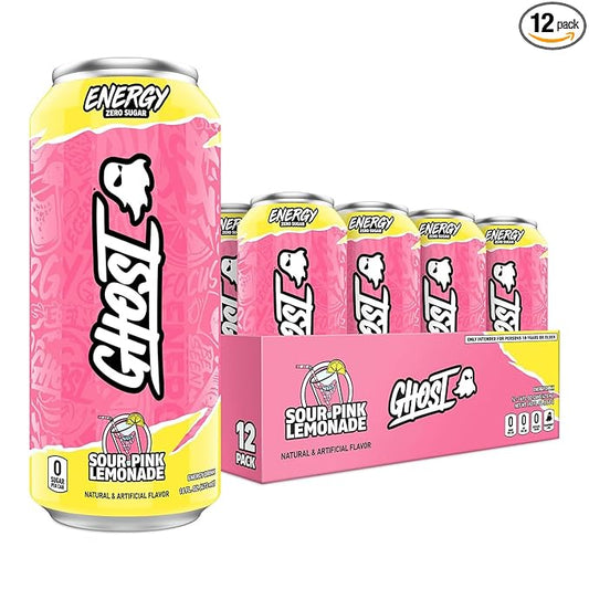 GHOST Energy Drink - 12-Pack, Sour Pink Lemonade, 16oz Cans - Energy & Focus & No Artificial Colors - 200mg of Natural Caffeine, L-Carnitine & Taurine - Gluten-Free & Vegan