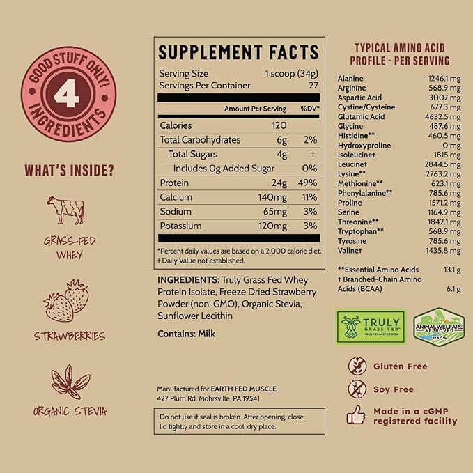 Earth Fed Muscle Strawberry Feels (Forever) – Irish Truly Grass‑Fed Whey Protein Isolate, No Sugar, Soy‑Free, Gluten‑Free (2 lb, 29 Servings, Strawberry)