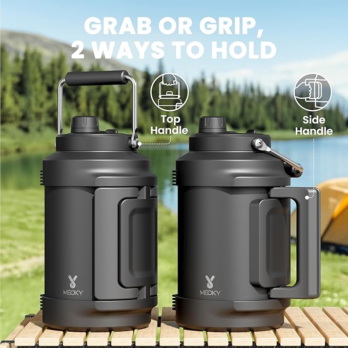 Meoky 1 Gallon Insulated Water Bottle for Sports 128 oz Triple Wall Vacuum Stainless Steel Water Jug - Top and Side Handles, Cold for 48 Hrs, 2-in-1 Straw and Spout Lid, Leak Proof for Hiking (Night)
