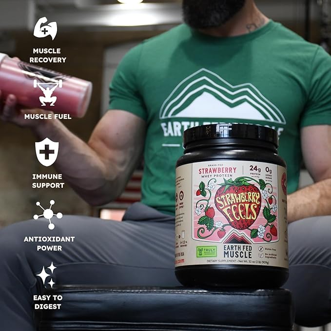 Earth Fed Muscle Strawberry Feels (Forever) – Irish Truly Grass‑Fed Whey Protein Isolate, No Sugar, Soy‑Free, Gluten‑Free (2 lb, 29 Servings, Strawberry)