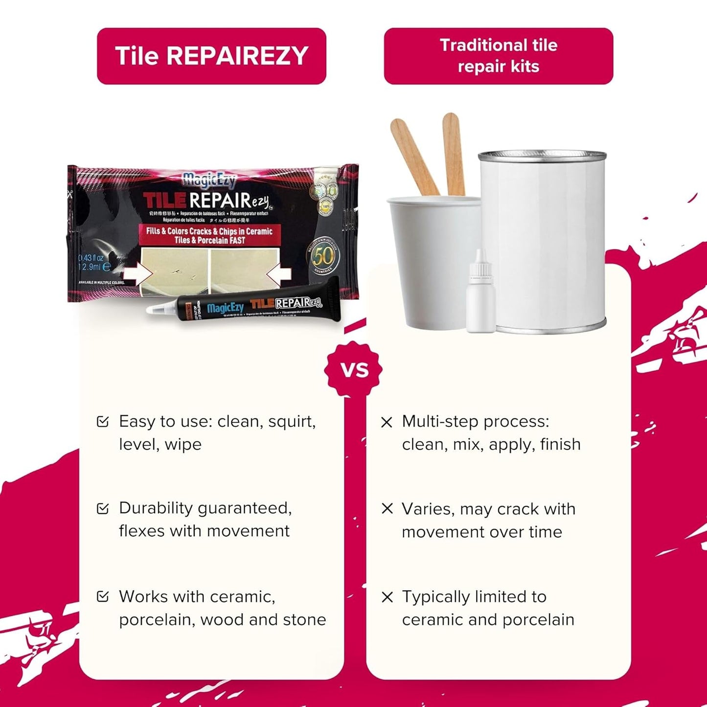 MagicEzy Tile RepairEzy Tile Repair Kit (Honey Beige/White) - Crack and Chip Repair for Floor and Wall Tiles Fast - Porcelain and Ceramic Tile Repair Kit