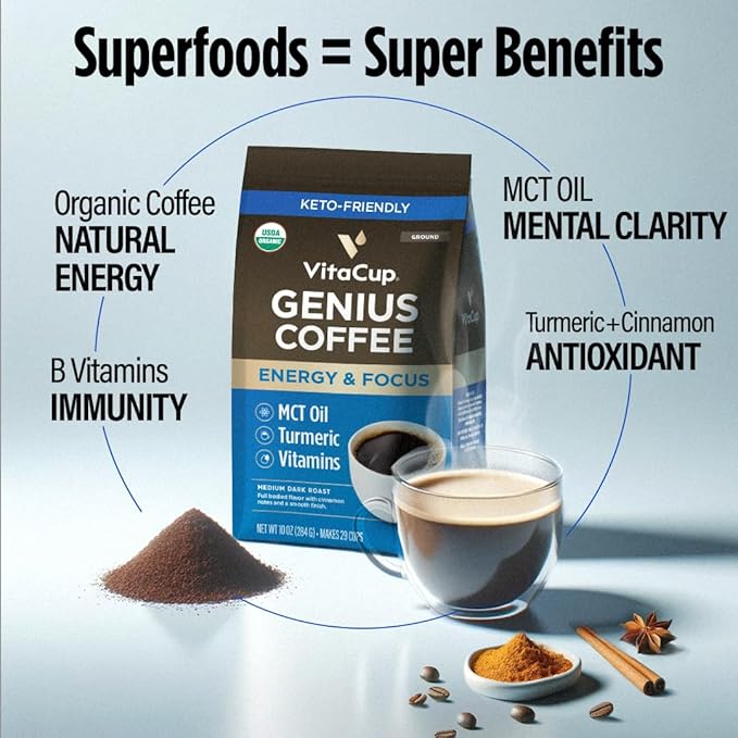VitaCup Organic Genius Ground Keto Coffee, Increase Energy & Focus w/MCT Oil, Turmeric, B Vitamins, D3, USDA Organic Ground Coffee Medium Dark Roast, 100% Arabica Beans, 6 bags, 10 oz each