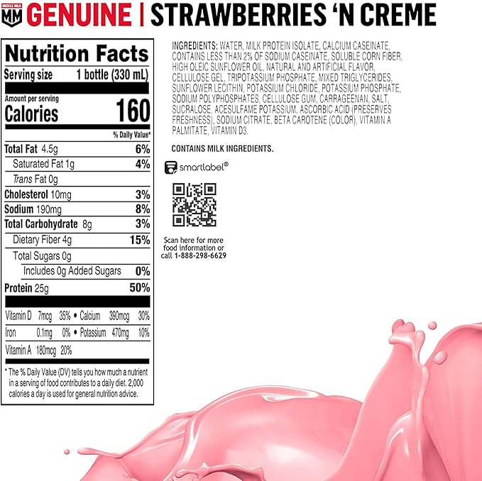 Muscle Milk Genuine Shake, Strawberry, 11.16 Fl Oz Bottles (Pack of 12)