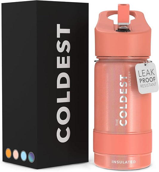 Coldest Insulated Water Bottle with Straw Lid - Stainless Steel Metal Insulated Bottle for Men & Women (Pink Froze Glitter, 14 oz)