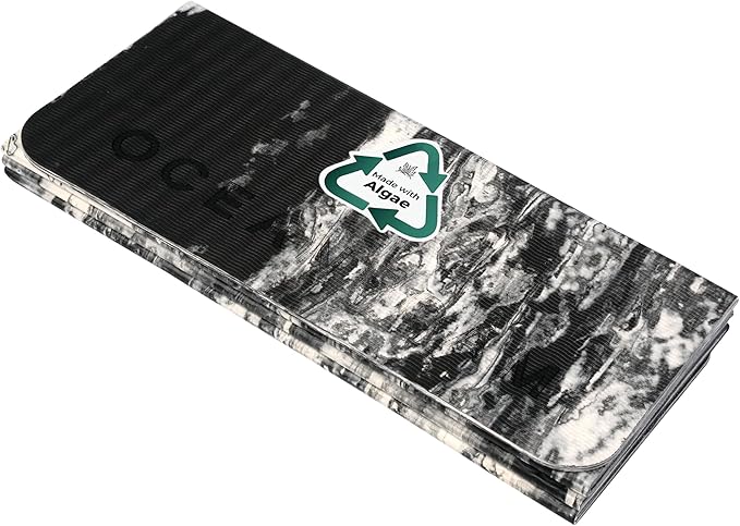 Oceanfoam Travel Workout Mat – 0.3" Thick Folding Exercise Mat for Yoga, Pilates, & Fitness – Non-Slip with Cotton Carrying Strap, Made with Sustainable Algae Foam – 24" x 72" (Black Marbled)