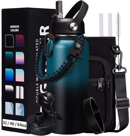 32/40/64/128 oz Insulated Water Bottle with straw & Spout Lids Keep Cold 48H Hot 24H, Large Water Flask Bottle with Shoulder Carrier Bag, Paracord Handle & Boot for Gym, Workout & Beach