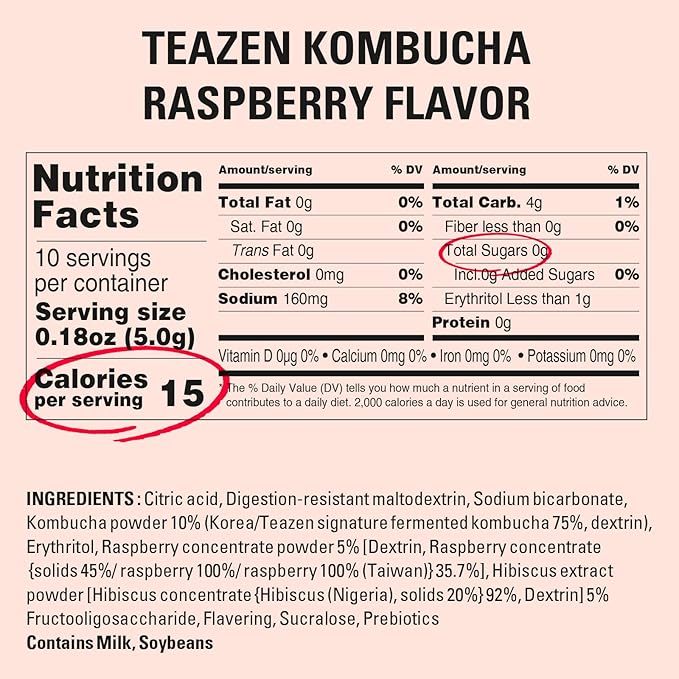 TEAZEN Raspberry Kombucha Tea, Hydration Drink Mix, Sugar Free, Live Probiotics & Prebiotics, 10 Sticks, 1.76oz