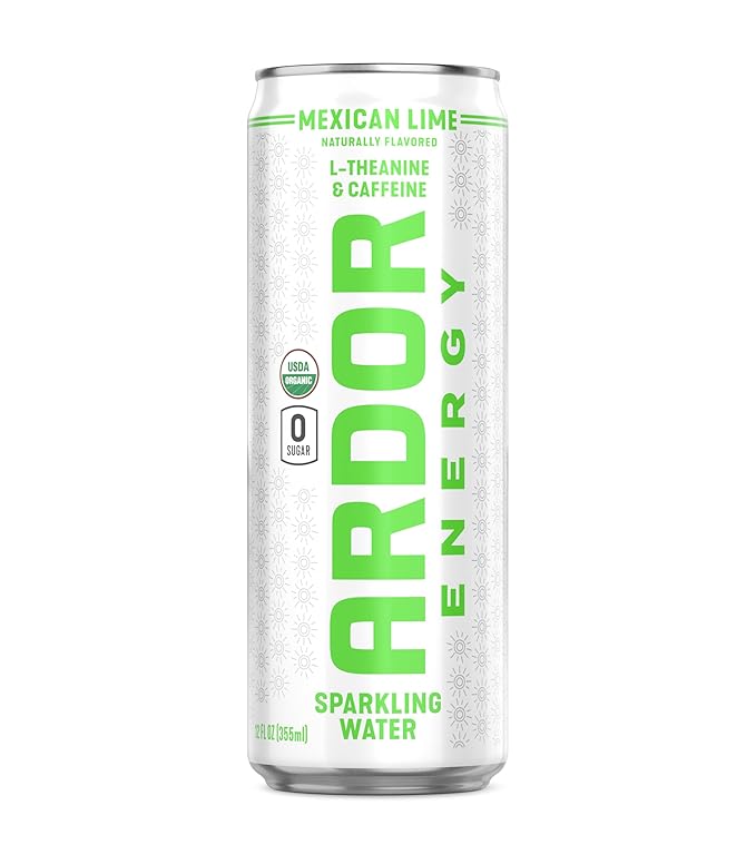 ARDOR Sparkling Water with 100mg Natural Caffeine & 200mg L-Theanine from Organic Green Tea for Smooth Energy & Focus | No Sugar, 0 Calories | Vegan, Gluten-Free | Mexican Lime - 12 Ct