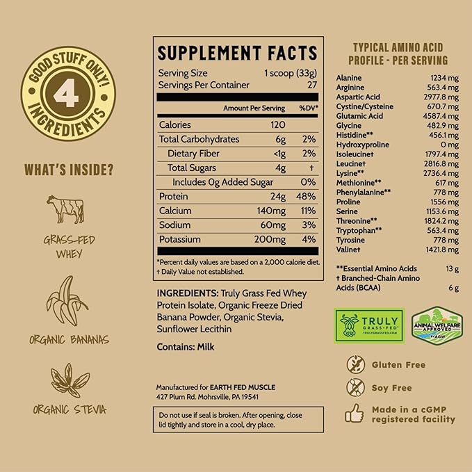 Earth Fed Muscle Go! Bananas Irish Grass‑Fed Whey Protein Isolate – All Natural Banana Flavor, Zero Added Sugar, Soy‑Free, Gluten‑Free (2lb, 27 Servings, Banana)