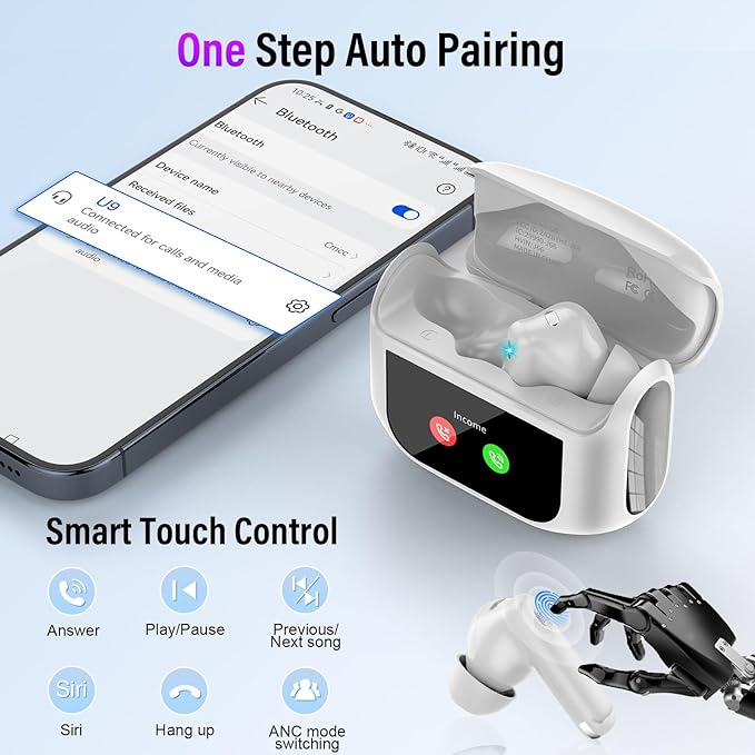 Wireless Earbuds, Bluetooth 5.4 Headphones with Multifunctional Touch Screen, 48H Bass Stereo Ear Buds with ANC/ENC Noise Cancelling/Transparency Mode, IPX7 Earphones with 5 EQ Modes, White