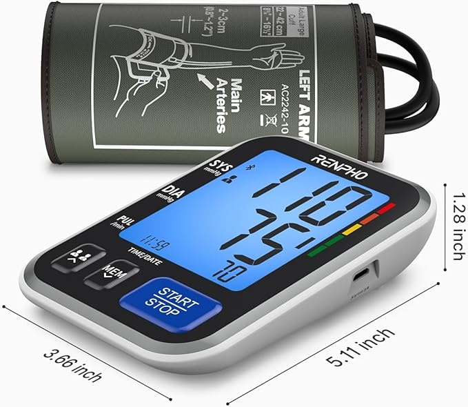 RENPHO Smart Blood Pressure Monitor for Home Use, Bluetooth BP Machine with Wide Range Cuff for Large Size Adult Arms, Muti-Users, Data Storage, Family Supplies