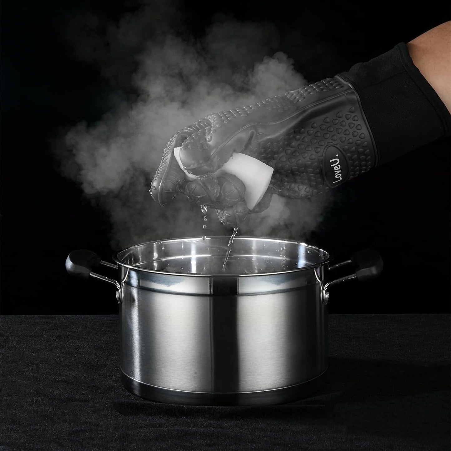 Kitchen Oven Gloves - Dual-Layer Heat Resistant Grilling Gloves, Silicone Oven Mitts with 5 Fingers, Waterproof Non-Slip Pot Holder for Barbecue, Cooking, Baking (Small, Black Long)