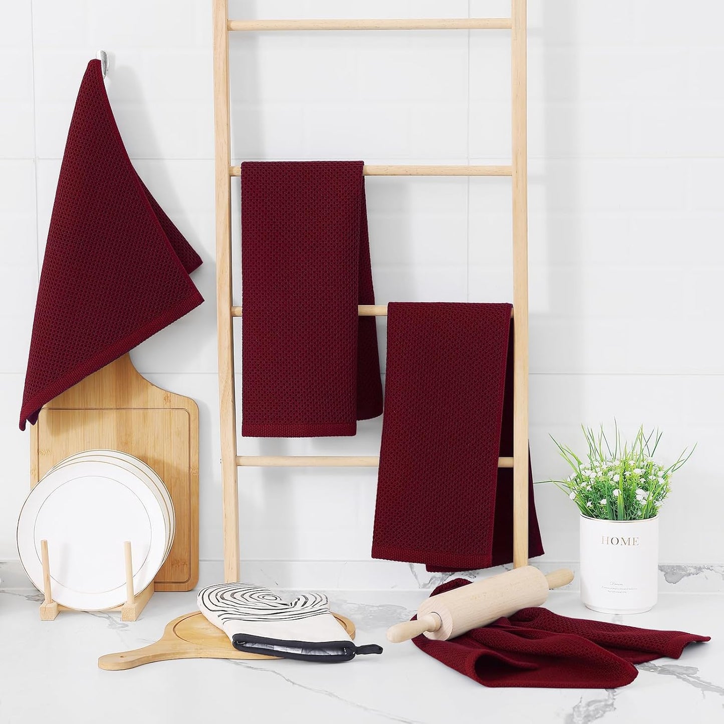 Homaxy 100% Cotton Waffle Weave Kitchen Dish Towels, Ultra Soft Absorbent Quick Drying Cleaning Towel, 13 x 28 Inches, 4-Pack, Burgundy
