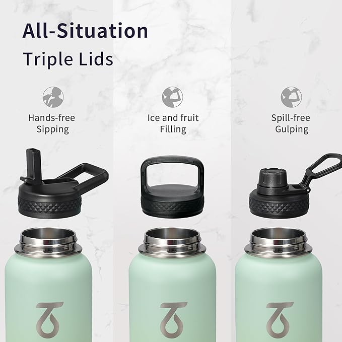 Trebo 32 oz Water Bottle Insulated with Lid and Straw, Double Wall Vacuum Stainless Steel Sports Flask with Paracord Handle, Keep Hot 24 Hours & Cold 48 Hours Water Cup with 3 Lids, Dark Green