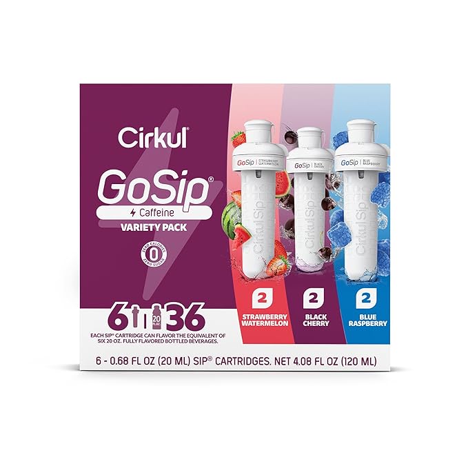 Cirkul GoSip Flavor Cartridge Variety Pack with Caffeine, 6-Pack (2 Blue Raspberry, 2 Black Cherry, 2 Strawberry Watermelon), No Sugar, Zero Calorie Drink Mix