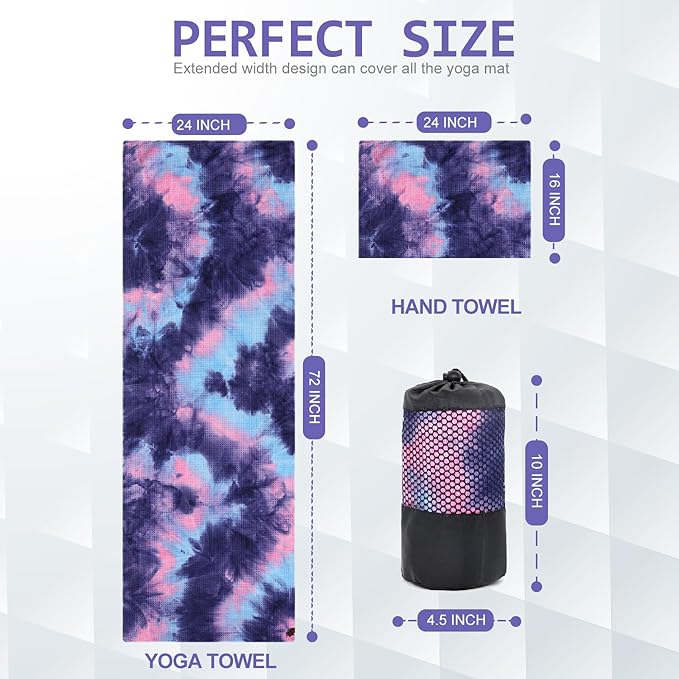Eunzel 2 Pack Yoga Hand Towel,Microfiber Towel with Grip Dots Sweat Absorbent Non-Slip for Hot Yoga, Pilates and Workout 24" x16",Purple & Blue/Green & Purple (2 Pack)