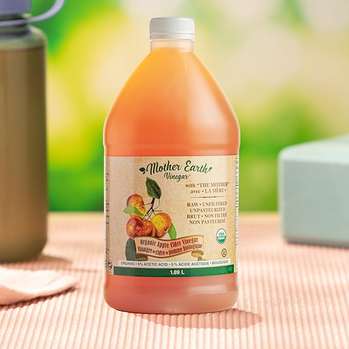 Mother Earth, Organic Apple Cider Vinegar with The Mother, Half Gallon, Fresh Pressed Organic Apples, OACV, ACV, Raw, Unpasteurized, Unfiltered (1/64oz Bottle)