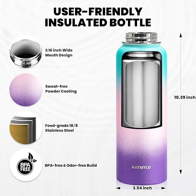 Insulated Water Bottle 40 oz, Triple Wall Vacuum Stainless Steel (Cold for 48 Hrs), Leak Proof & BPA-Free, Modern Water Flask Jug with Paracord Handle & Straw Spout Lids, Hydrangea