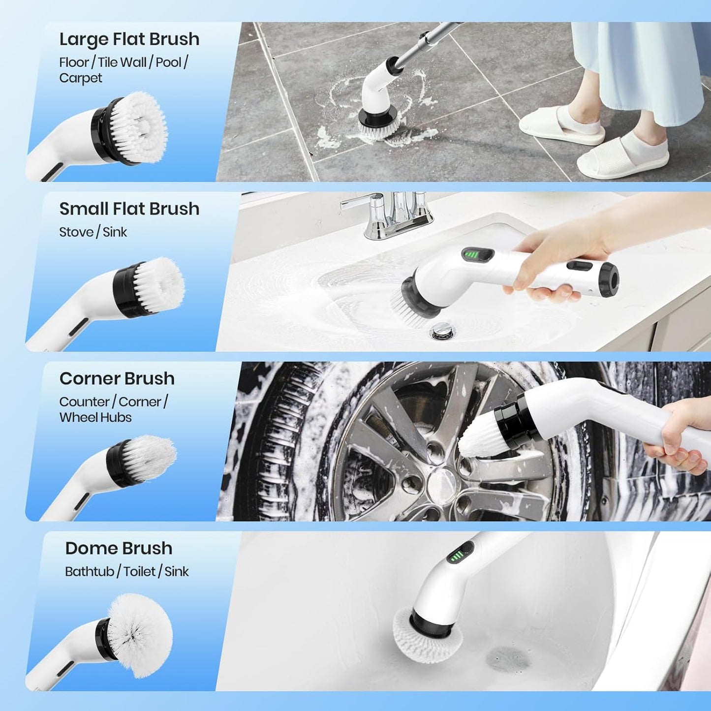 Electric Spin Scrubber, Full-Body IPX7 Waterproof Cordless Shower Scrubber with 4 Replaceable Heads, Upgraded Extension Handle, 2H Work Time, 2 Speeds for Bathroom Shower Tile Glass