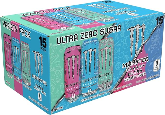 Monster Energy Ultra Variety Pack, Blue Hawaiian, Ultra Vice Guava, Ultra Fantasy Ruby Red, Sugar Free Energy Drink, 16 Ounce (Pack of 15)