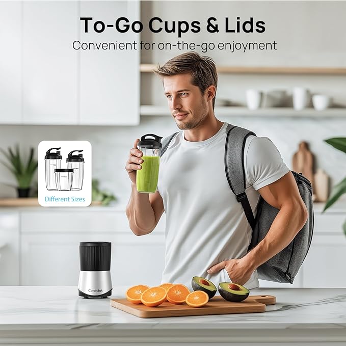 Consciot CB08 11-Piece Blender for Kitchen and Personal Size, Blend Shakes and Smoothies, Frozen Drinks, Baby Food, Spreads & More, 3 Portable To-Go Cups & 2 Spout Lids & 1 Solid Lid, 900 Peak Watts