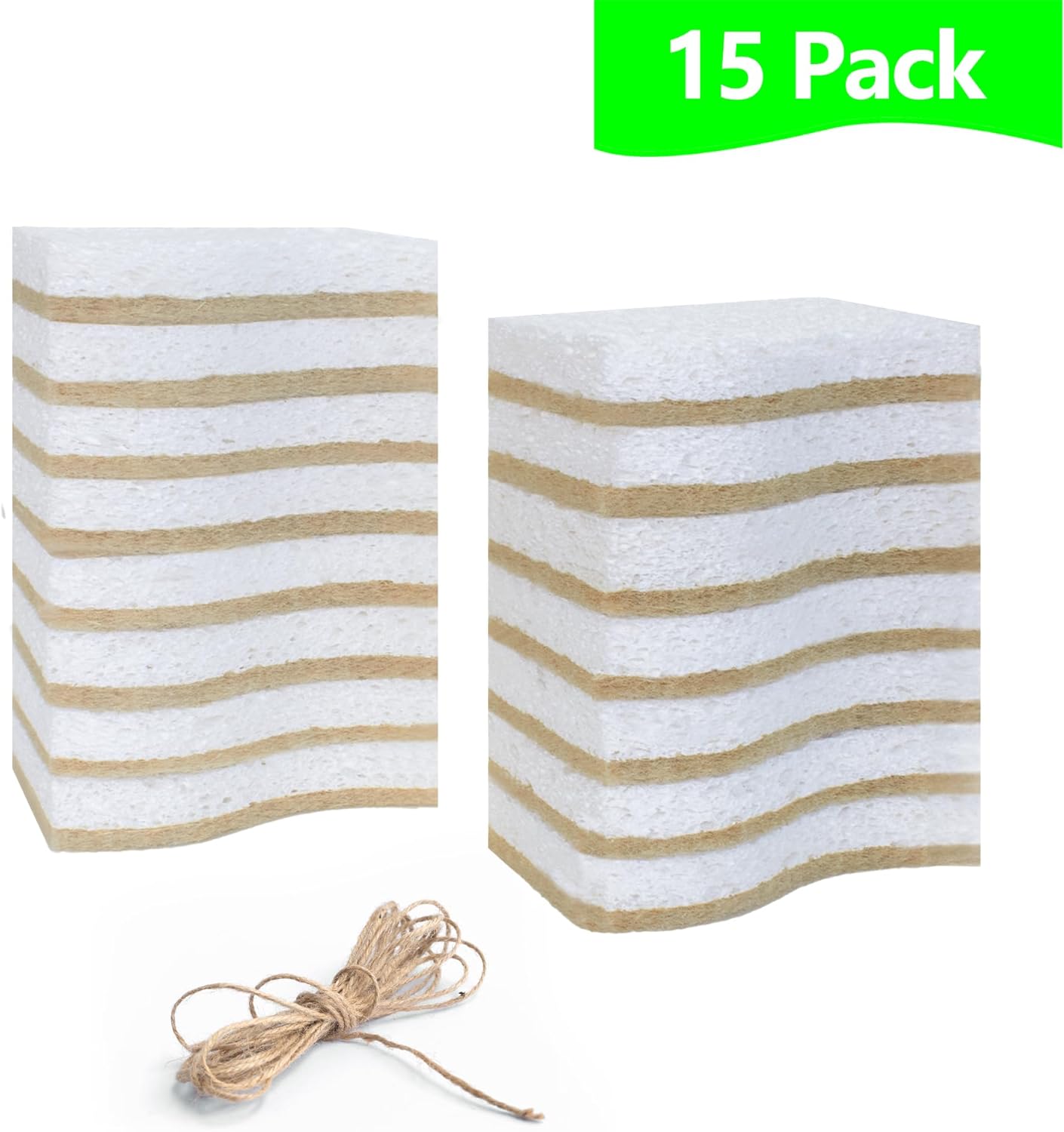 Eco Friendly Cellulose Compostable Biodegradable Kitchen Clean Sponges, for Washing Sink/Pan and Dishwashing, 15 Pack