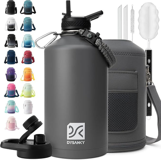 1 Gallon Water Bottle Insulated | Thickened Stainless Steel Vacuum Metal Water Jug | Portable Sports Large for Gym and Hiking with Straw, Carrier Bag, Handle Strap | BPA-Free 128 oz