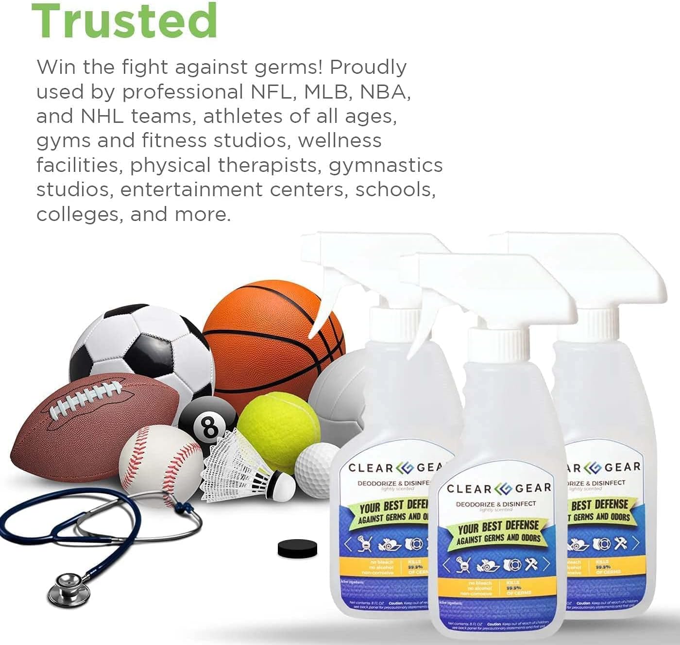 Clear Gear Disinfectant Cleaner, and Deodorizer For Sports Equipment, Gyms, and Fitness Centers - EPA-Registered, Hospital Grade, Made in USA - 1-Pack of 32 Oz Bottle Disinfecting Spray
