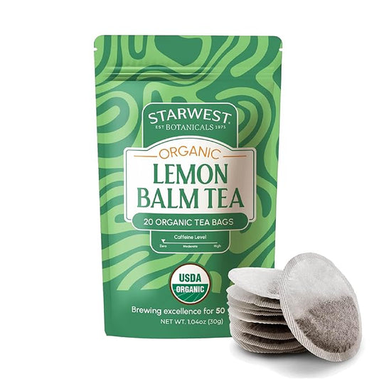 Starwest Botanicals Organic Lemon Balm Leaf Tea - Calming Herbal Tea for Women & Men, Caffeine Free, USDA Organic Lemon Balm Leaf, String Free Sachets, Non GMO - 20 Tea Bags