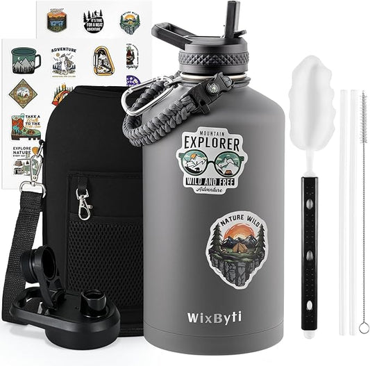 One Gallon Water Bottle Insulated, Triple Wall Vacuum Cold for 48 Hrs & Leak-proof & Non-BPA, 128oz Large Sports Stainless Steel Water Jug with Paracord Handle Straw Spout Lids & DIY Stickers